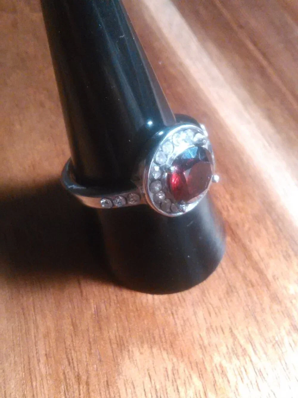 Simulated Ruby and White Crystal Silvertone Ring (Size 9.75)